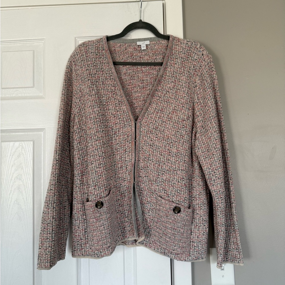 J. Jill Tweed Knit Cardigan Sweater Jacket Pink Grey